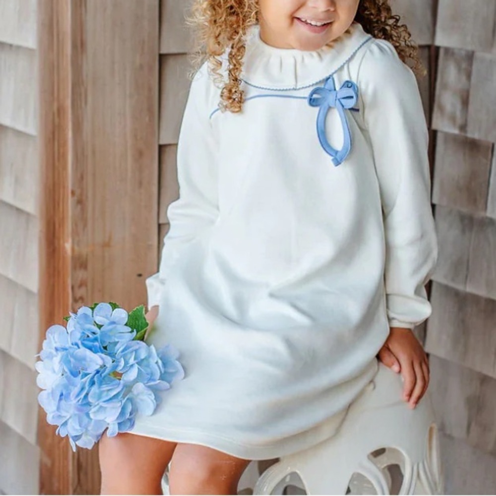 Beaufort Bonnet Company Long Sleeve White Dress with Blue Bow Accent
